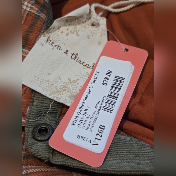 NWT Hem & Thread Plaid Quilted Shacket Coral Size 1X - Picture 5 of 8